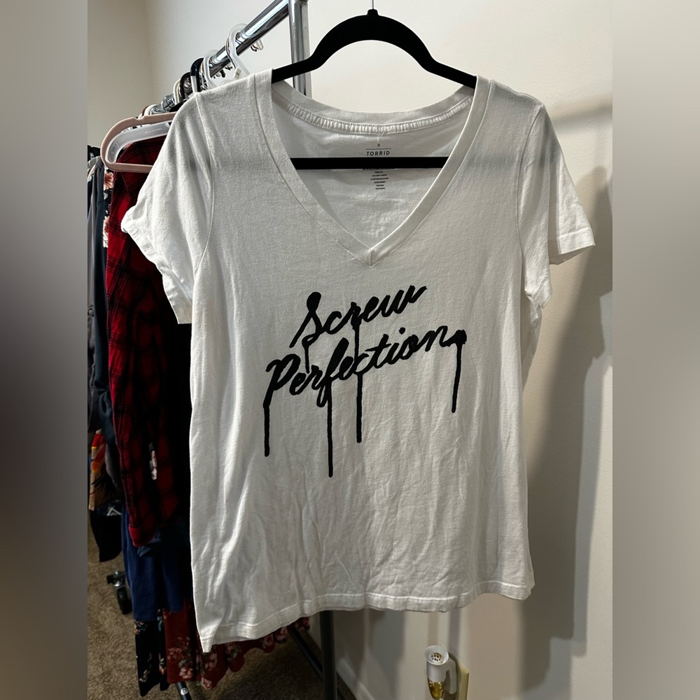 White, v-neck “Screw Perfection” tee from Torrid